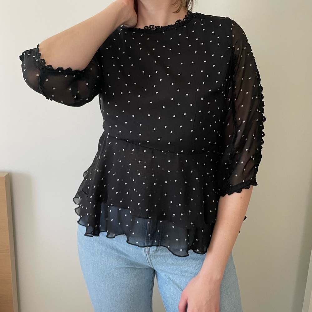 Polka Dot Peplum Top Sheer Sleeves Black White Tie Back